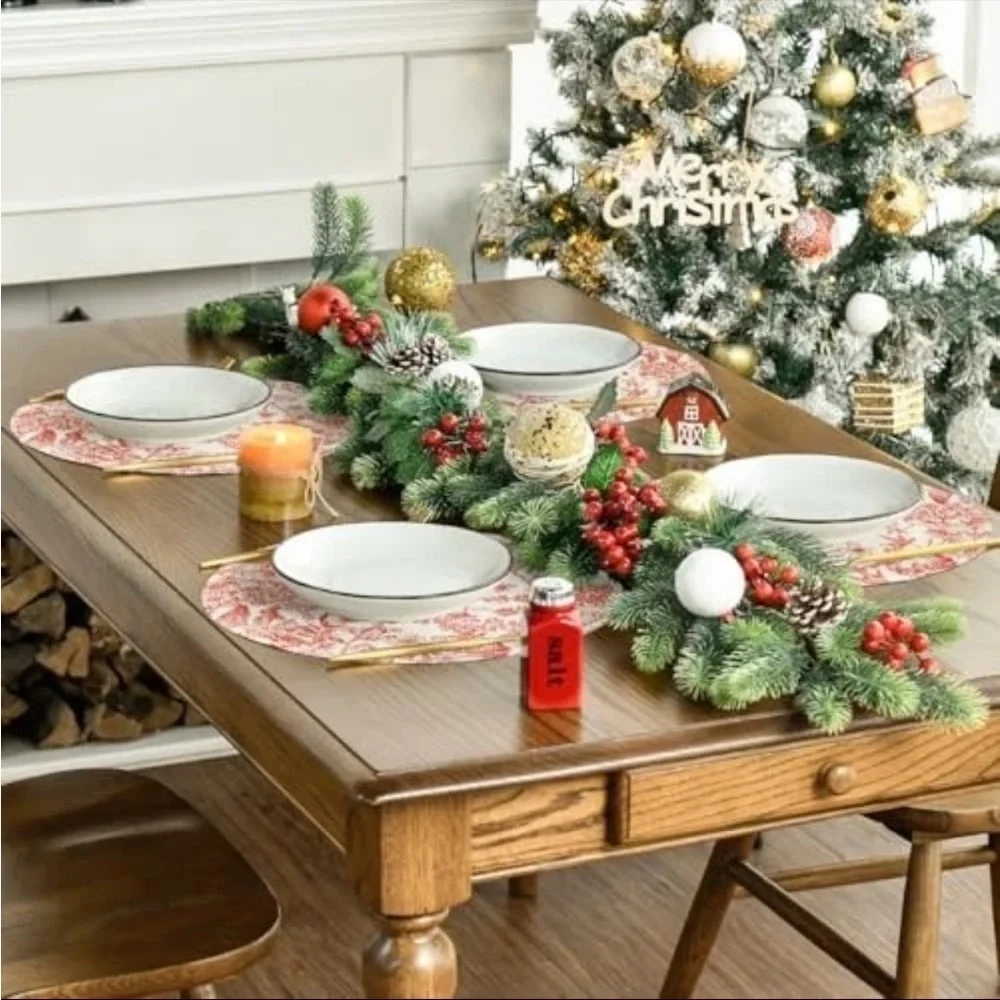 NWT Round Red Hydrangea Flowers Branches Chinoiserie Spring Placemats Set 4,14in